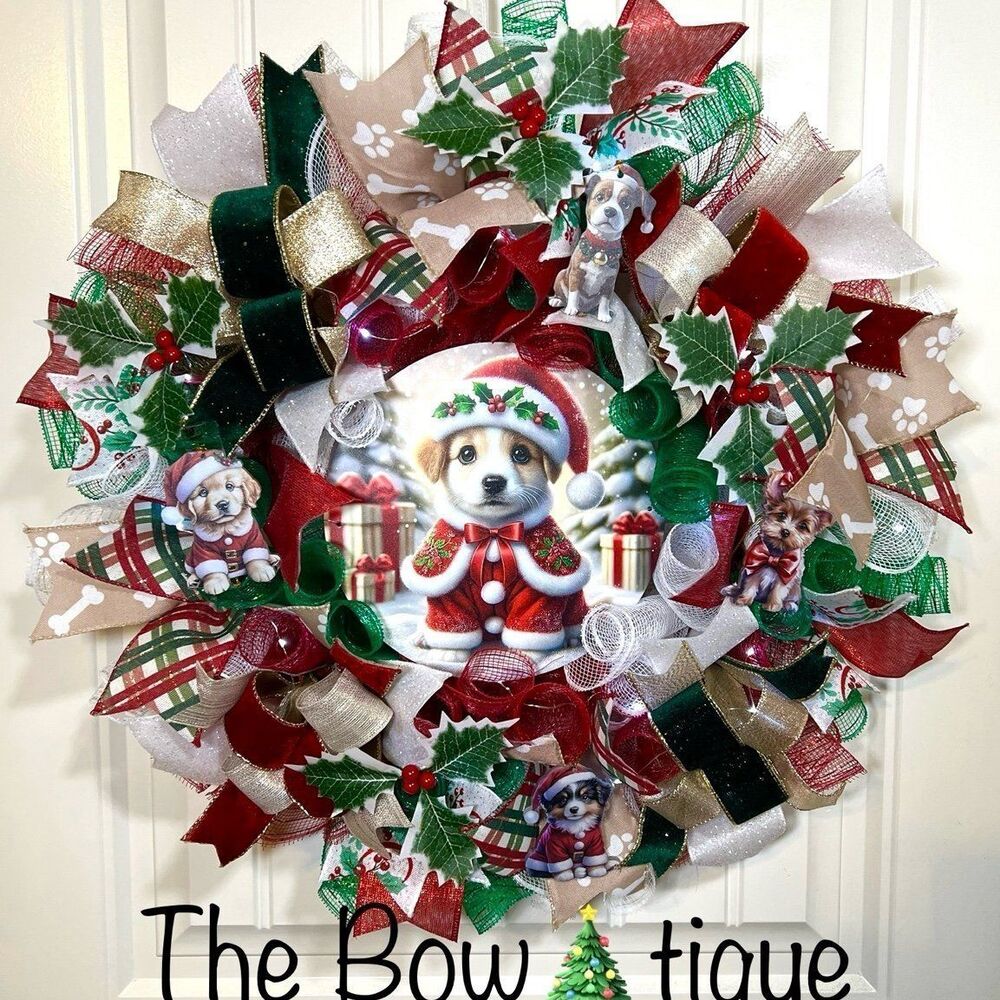 Handmade Christmas Santa Puppy Holiday Ribbon Door Wreath 22 ins W76